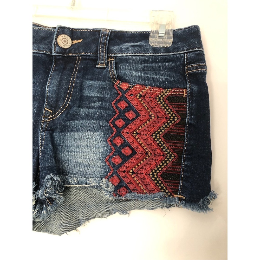 Express Embellished Denim Shorts Frayed Hem Womens 4 Boho Festival Cutoff